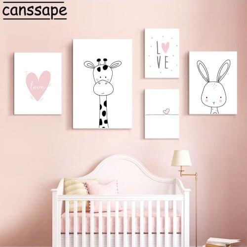 Nursery Wall Art Painting Animal Canvas Prints Giraffe Rabbit Posters Line Love Paintings Quotes Pictures Girls Bedroom Decor