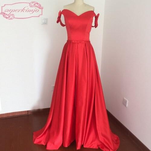 Real Evening Dresses Floor Length Off the Shoulder Bow Satin Floor Length Red Prom Dresses Arabic