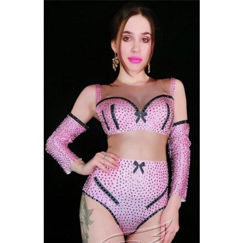 Female Singer Performance Bodysuit Sparkly Rhinestone Pink Bikini Print Jumpsuit Nightclub Party Gogo Dancer Rave Outfit DQL4811