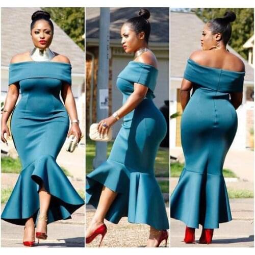 African Cocktail Dress Simple Off Shoulder Zipper Back Tea Length Formal Wear Evening Prom Party Gown Plus Size Custom Cheap