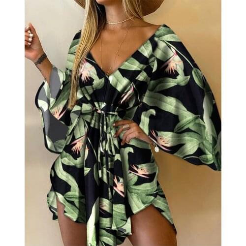 2021 Summer Casual Floral Print V-Neck Batwing Sleeve Asymmetrical Tie Front A Line Mini Dress One Piece Dress Holiday Outfits