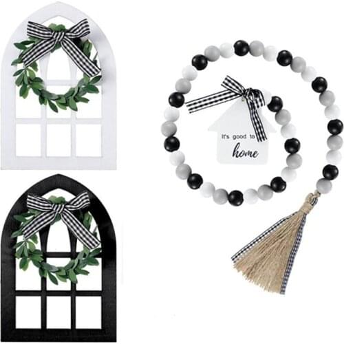 Practical Wooden Farmhouse Window Tiered Tray Decoration Wooden Rustic Mount Window Frames And Black White Wood Bead Garland