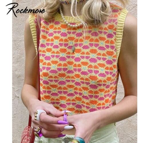 Rockmore Y2K Aesthetics Floral Knitted Crop Top Sweater Vest Sweet Sleeveless Tank Top Pullovers Harajuku 90s Vintage Knitwear