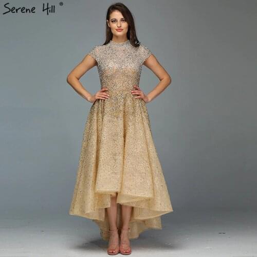 Gold High Neck Luxury Asymmetrical Evening Dresses 2020 Beading Sequined Sleeveless Evening Gowns Serene Hill LA60757