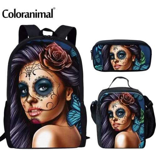 Coloranimal 3PCS/SET Backpack Day of the Dead Skeleton Skull Face Pattern for Teen Girls Backpack Canvas Kids Student Book Bags