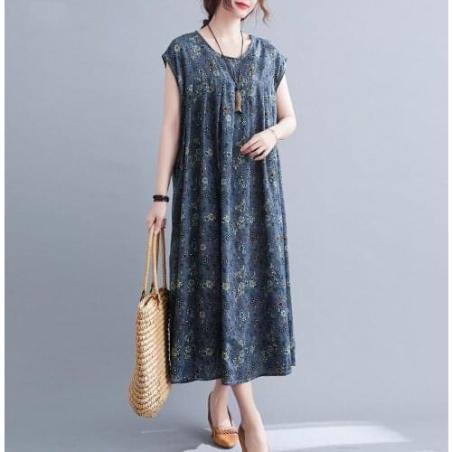 Floral Cotton Linen Summer Dress Womens 2021 New Korean 8Colors Loose Plus Size Printed Ladies Long Vestidos Femme Rebo aq608