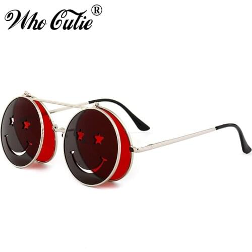 WHO CUTIE Round Flip Up Sunglasses Women Men Vintage Retro Steampunk Metal Frame Red Yellow Clip On Funny Sun Glasses OM486