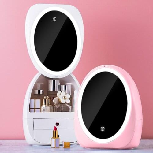 Egg-shaped LED light desktop storage box HD mirror cosmetic storage box Creative cosmetic storage box Portable beauty organizer