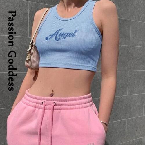 Cute Women Girls Angel Letter Embroidery Cropped Tops Slim Ribbed Tank Top Summer Sleeveless Elastic Cotton Kawaii Pink Crop Top