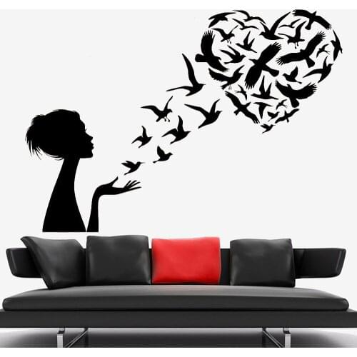 Inspirational Wall Sticker Girl Blowing Heart With Birds Wall Decal Kids Room Decal Vinyl Woman Heart Silhouette Decal C327