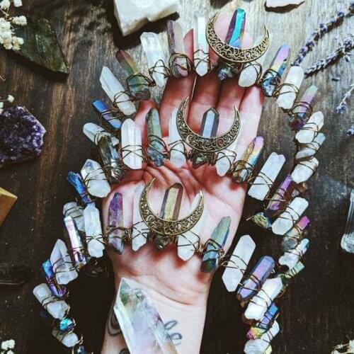 Boho Vintage Witch Tiara Faux Raw Crystal Headband Alloy Moon Angel Aura Crown