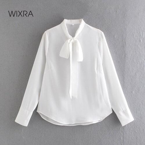 Wixra Womens Blouse Tops Lace Up Bow Solid Long Sleeve Simple OL Shirts Lady Casual Style Clothes Blusas