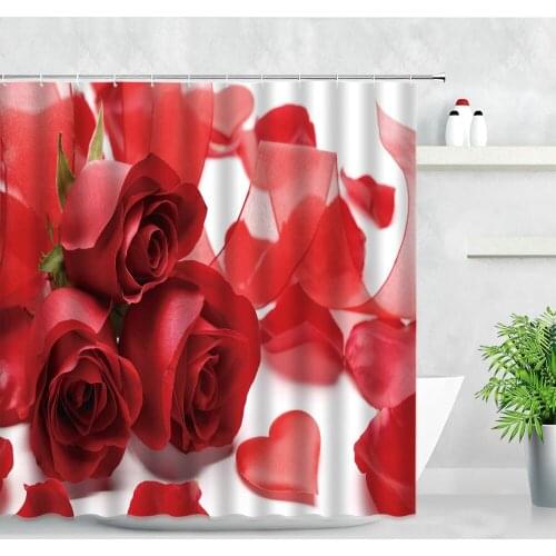 Red Rose Shower Curtain Set Petal Love Heart Flowers Valentines Day Home Bathroom Decor Waterproof Fabric Bath Curtains Hooks
