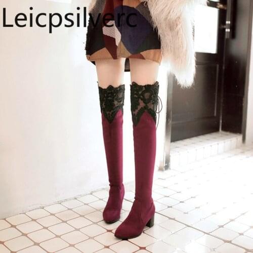Winter new style fashion Flock Pointed Lace-up Hollow Lace Thick heel High heel Womens Over the knee boots plus size 33-46