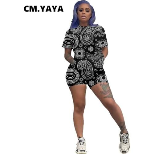 CM.YAYA Women Set Bandanna Paisley Print Pockets Short Sleeve Tops Sheath Elastic Shorts 2 Two Piece Set Tracksuit Outfit Summer