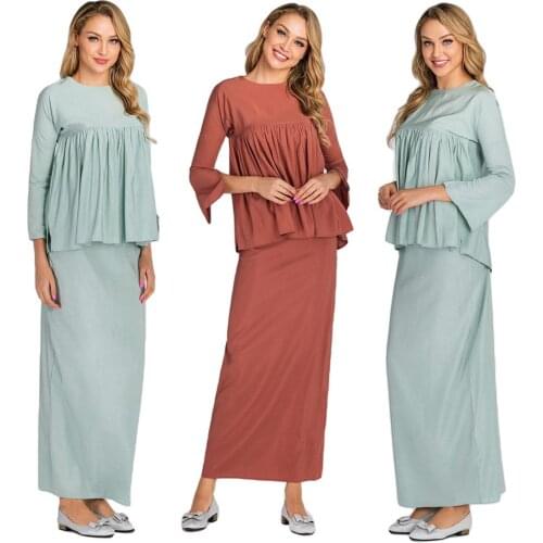 2PCS Women Autumn Muslim Clothes Suit Long Sleeve Tops + Skirt Sets Abaya Kaftan Jilbab Dubai Malay Islamic Clothing Loose New
