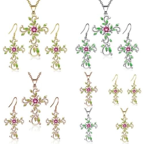 God Cross Earrings Necklace Pendant Earrings Sets Necklace for Women Choker Jesus Flower Christian Religion Jewelry Crystal