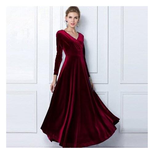 Vintage Velvet A-line Long Sleeve Woman Dresses Spring Autumn Ankle Length Solid V-neck Empire Velvet Dresses