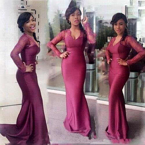 Plus Size South African Mermaid Bridesmaids Dresses 2020 Lace Long Sleeves Long Formal Maid of Honor Purple Wedding Guest Party