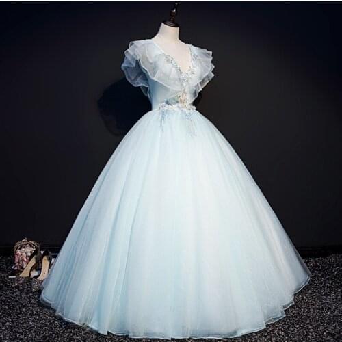 100%real pale blue embroidery V neck ruffled vintage ball gown royal Medieval Renaissance Victorian dress Belle ball
