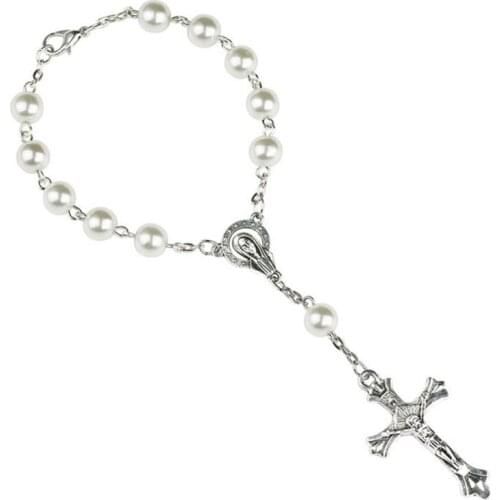 2PCS Catholic Prayer Pearl Beads Rosary Bracelet First Holy Communions Gift Auto Car Rear View Amulet Charm Cross Bead R7RF