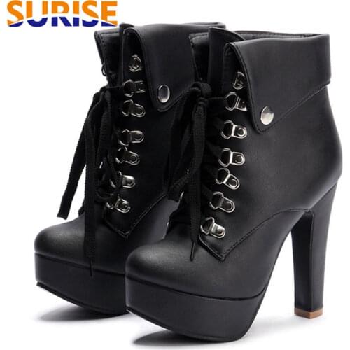 2020 Winter Women Ankle Platform Boots Black PU High Chunky Heels Round Toe Office Lady Lace-up Turn-over Plush Motorcycle Boots