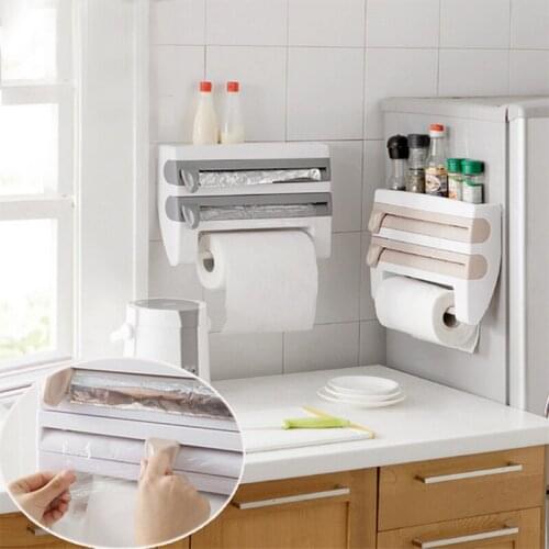 4 In 1 Kitchen Organizer Paper Towel Holder Cling Film Cutting Holder Sauce Bottle Tin Foil Paper Storage Rack Kitchen Shelf