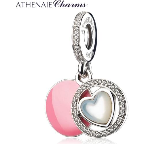 ATHENAIE 925 Sterling Silver Pink Enamel & Clear CZ Devoted Heart Dangle Charms Fit Original Bracelets & Bangles DIY Jewelry
