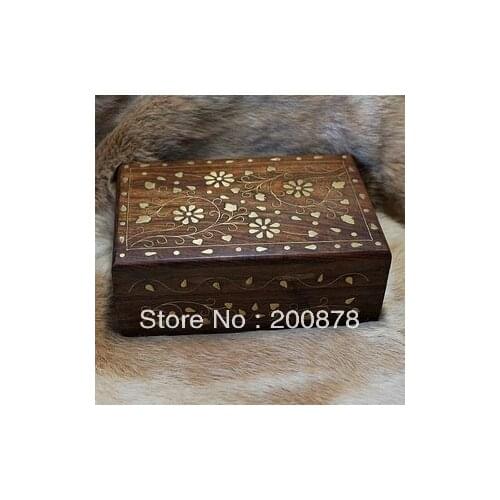 TJB963 Indian handmade wooden vintage jewelry box,15*10*6cm,Bodhi wood inlaid brass flowers case