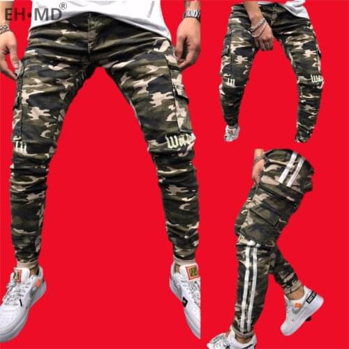 EH·MD® Camouflage Jeans Mens Side Double Striped Holes Large Pockets Calf Beamed Pants Slim Cotton Tight Breathable Comfortable