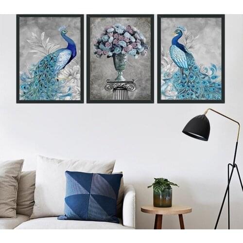 Chinese Style Peacock Peace Flower Canvas Painting Modern Simple Study Room Living Room Wall Art Pictures Home Decor Murals