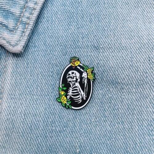 Creative Fun Black Oval Skeleton Flower Bell Enamel Brooch Punk Alloy Pins Badge Clothes Accessories Women Jewelry Gifts
