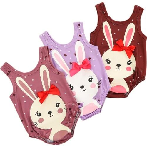 Infant Baby Girl Swimsuit, Cartoon Bunny Print Sleeveless Bodysuit One-piece Suit for Vacation Swimming Beach Bathing Suit