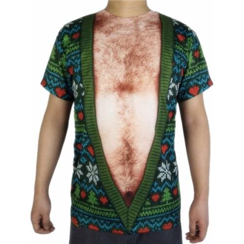 Tacky Hairy Christmas Ugly Christmas T Shirt for Men Funny Mens Fake Cardigan 3D Print Polyester Short Sleeve Ugly Xmas T-shirt