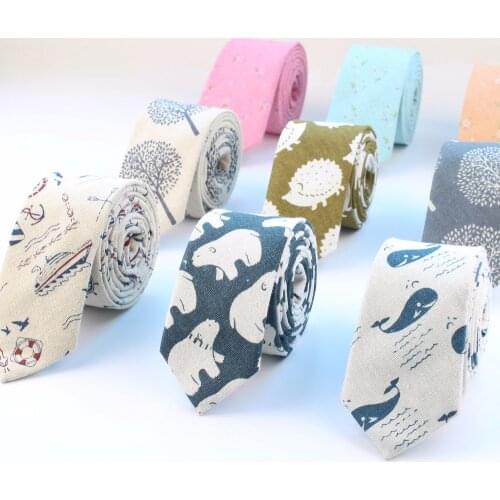 Men Slim FlaxTie Casual Cotton Linen NeckTie Hedgehog Boat Bear Whale Ties Student Skinny Designer Narrow