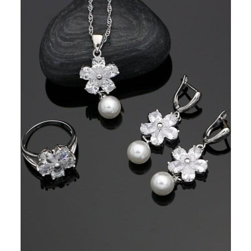 925 Silver Bridal Jewelry Sets Freshwater Pearls Natural White CZ Women Wedding Earrings/Pendant/Ring/Necklace Set