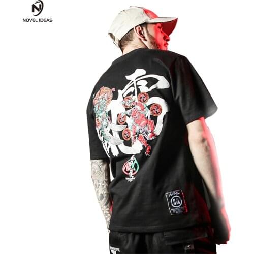 Novel ideas Chinese Style Embroidery Chinese Character Printed Short Sleeve T Shirts 2018 Hip Hop Casual Tops Tees Streetwear