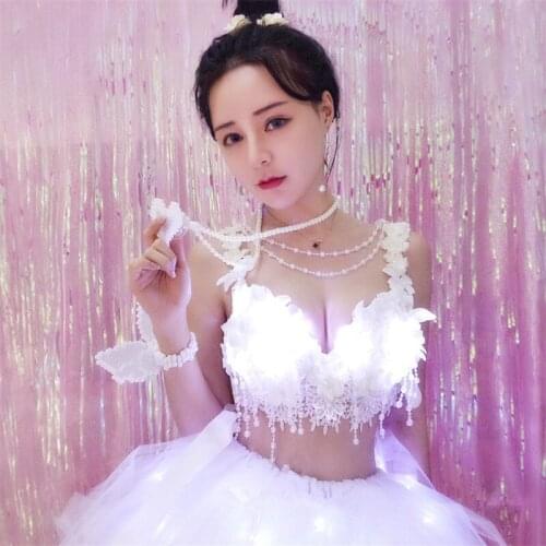 EC57 Tutu dress disco white led light skirt ballroom dance costumes stage wears bra bikini dj singer clothe luminous performance