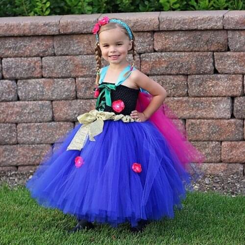 Girls Anna Princess Flower Tutu Dress Kids Tulle Dress Ball Gown with Shawl and Hairbow Children Cosplay Party Costume Dresses