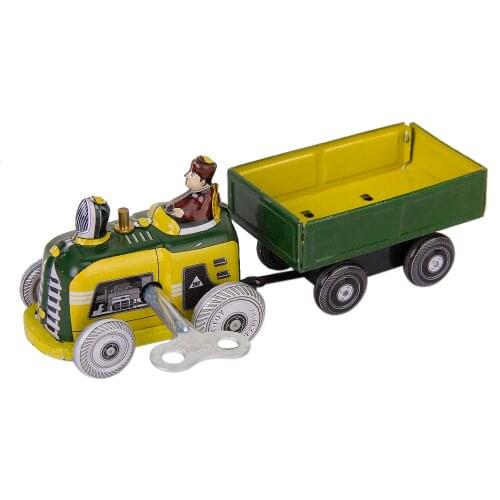 Unisex Vintage Tractor and Trailer Collectible Tin Toy with Wind-up Key Classic Educational Plastic Toys Yellow Gift for Kid