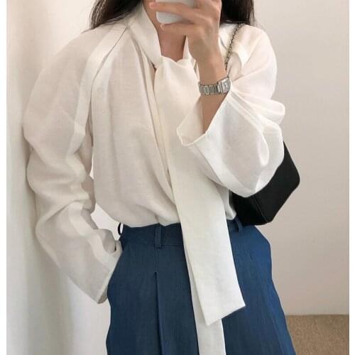 ZCSMLL Korean Autumn Summer Temperament Neckline Tie Bow Collar Blouse Loose Solid Color Casual Long-sleeved Shirt Top Women