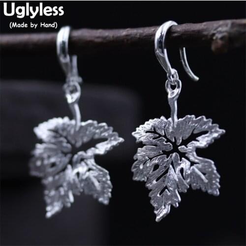 Uglyless Real 925 Sterling Silver Handmade Hollow Maple Leaf Dangle Earrings Ethnic Women Vintage Statement Brincos Fine Jewelry