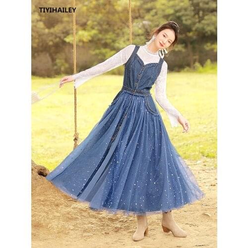 TIYIHAILEY Free Shipping Boshow 2020 New Women Denim And mesh Patchwork Long Maxi Sleeveless Strap Dress Spring Autumn Vintage