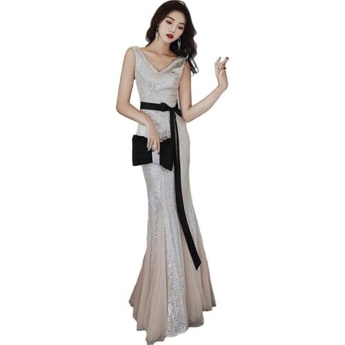 2020 New Fashion Silver Sequins Evening Dress Sexy V-neck Mermaid Prom Party Dress High-end Party Dress Robe De Soiree