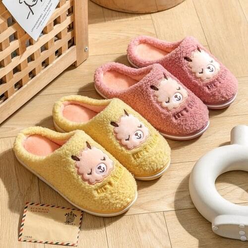 Women Men Winter Warm Slippers Cartoon Alpaca Furry Thick Soled Cotton Shoes Home Indoor Couple Boys Girls Non-slip Fur Slides