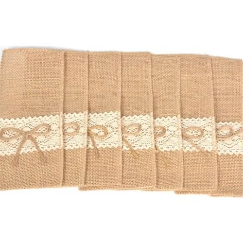 10Pieces/Lot Tableware Bags Hessian Jute Cutlery Pocket Knife Fork Burlap Lace Bow Pouch Bag Wedding Christmas Table Decoration