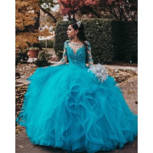 2021 Blue Quinceanera Dress Ball Gown Princess Prom Dresses With Beaded Long Sleeve Open Back Fomral Party Dress Tulle Birthday