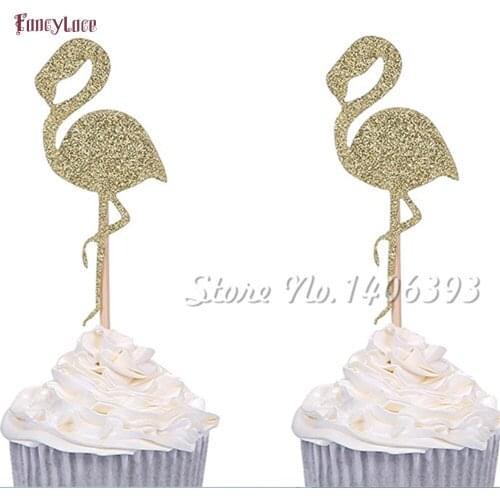 24pcs/lot Glitter Paper Golden Flamingo Cupcake Toppers Tropical Summer Theme Kids' Party Decors Wedding Favors Cake Decoration