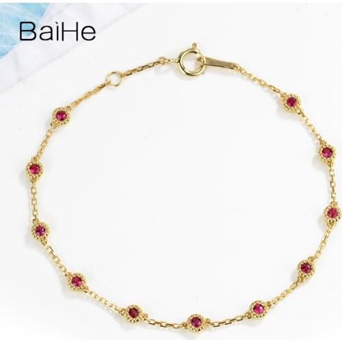BAIHE Solid 18K Yellow Gold 0.50ct Round Cut Natural Rubis Engagement Wedding Gift Fine Jewelry Ruby Bracelet for Women