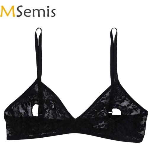 MSemis Women Lingerie Sheer Sexy Lace Floral Open Nipples Bra Top Wire-free Unlined Triangle Cup Hollow Out Straps Bralette Vest